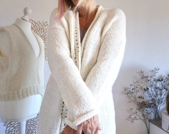 Long cardigan cream / women's cardigan beige M/L / hand knitted / women's knitted vest