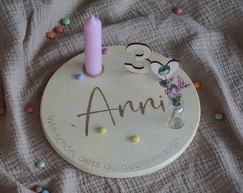 Birthday plate with candle holder, vase and wooden plug