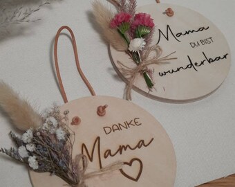 Holzschild Muttertag Trockenblumen | Mama du bist wunderbar | Danke Mama