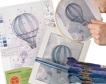 Embroidery picture SET + picture frame balloon watercolor light blue children's room wall decoration