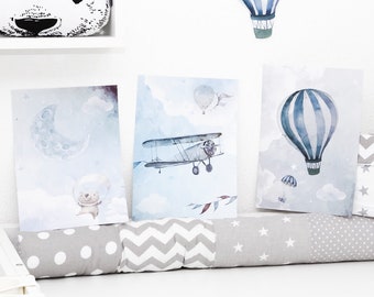 Poster Set, Wall Art, Nursery Decor, Nursery, Watercolor, Airplane, Balloon, Moon, Suitable for a Picture Frame DIN A4 (P15)