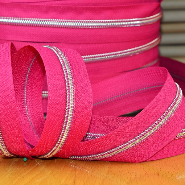 1 m x 32 mm metallisierter Endlosreißverschluss KRAMPE 6 mm silberfarben BAND pink col. 382 P10