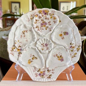 Antique French Oyster Plate with Lavender and Yellow Flowers in a Unique Shell Shape 8"