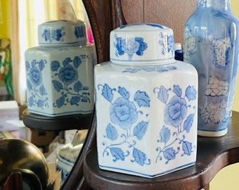 Vintage Chinoiserie, Blue and White, Hexoganal Tea Jar 6”