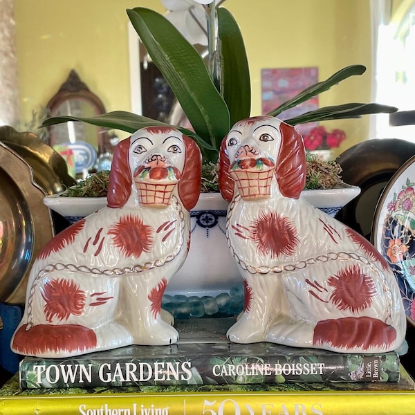 Staffordshire Dogs Vintage Pair of Staffordshire Style Dogs in Russet Brown and White with Basket of Flowers - 6 1/2"