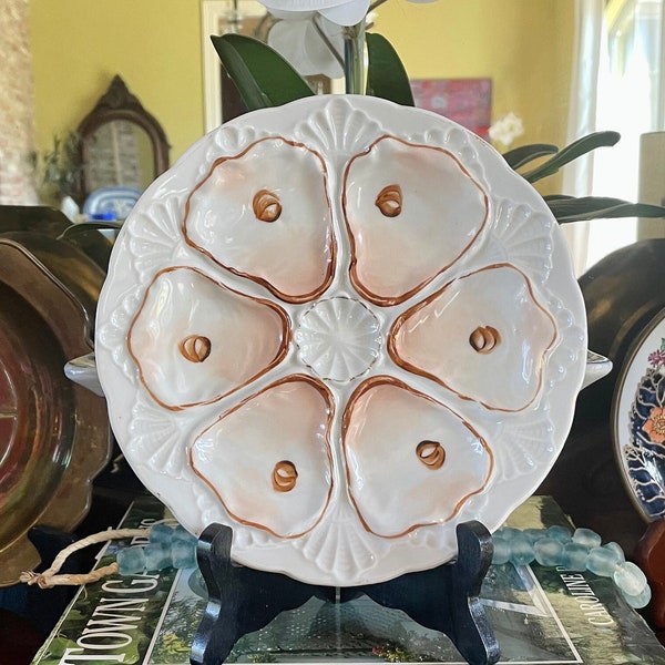 Antique Oyster Plate Unmarked and  Hand Painted in a Lovely Peachy Pink Wash