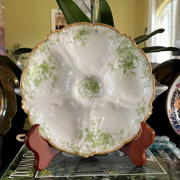 Antique Limoges Oyster Plate in Green Florals with Gold Gilded Accents - Three Available - 7 5/8"