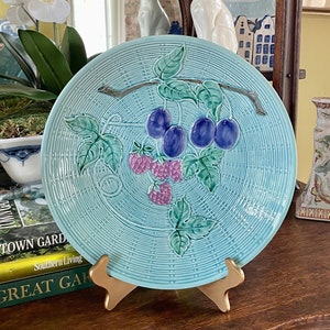 Vintage Zell Majolica Plate: Blue Basket Weave Plums & Berries, Western Germany (12&quot;)