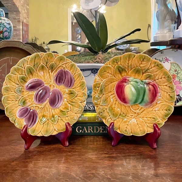 Vintage Pair of French Majolica Plates in Yellow with Green Accents and Fruit of Plumbs and Bell Peppers 7 1/2"