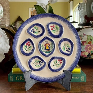 Vintage Saint Malo Oyster Plate: Hand-Painted Breton Figure, Blue Cream Faience