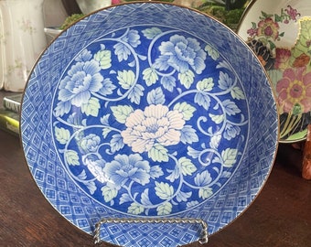 Vintage Blue and White Hand Painted Enamel Bowl Lotus Flowers Geometric Designs with Bows