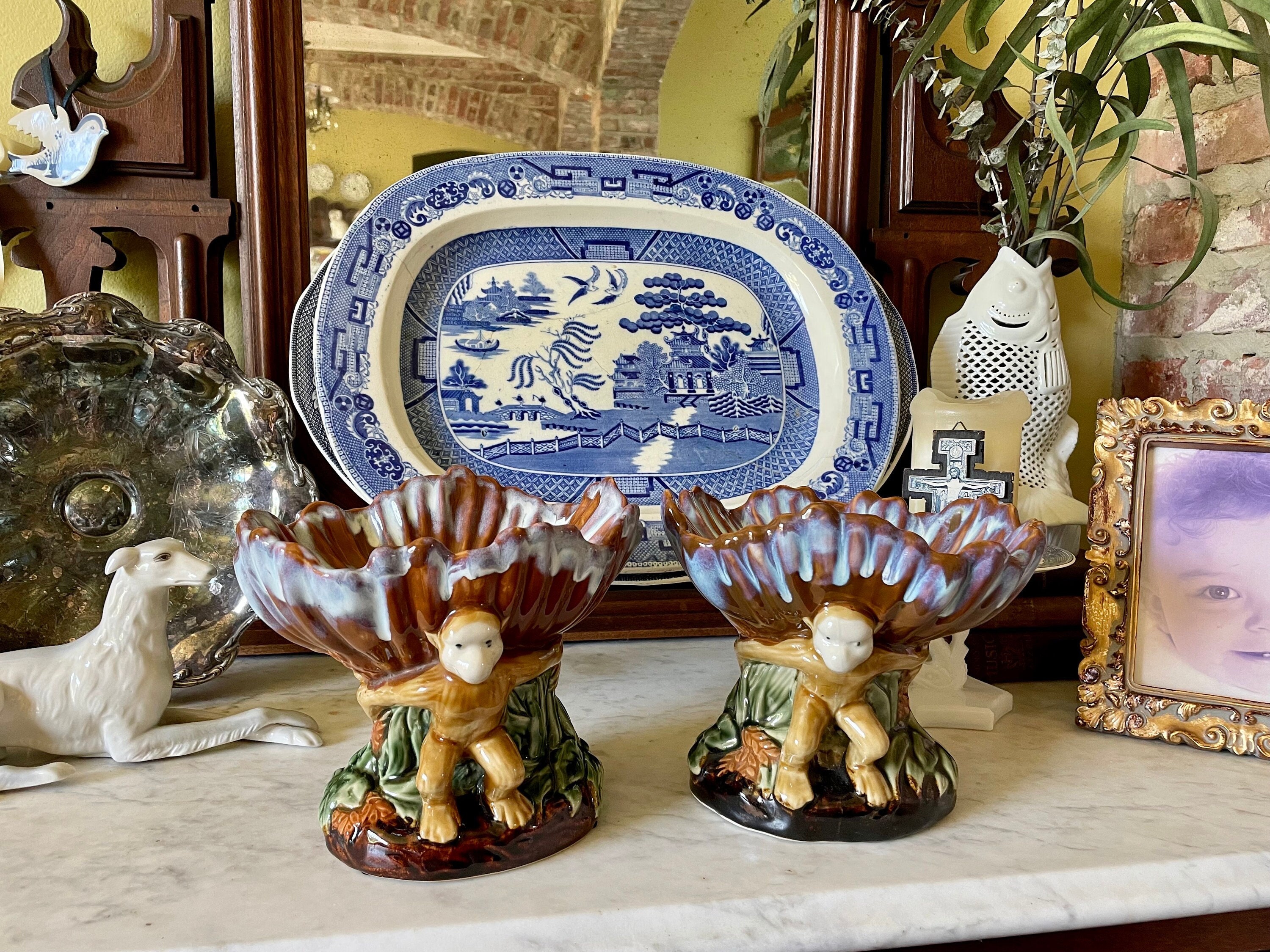 Vintage Majolica Style Monkey Bowls: Bar Decor, Soap Dish - Pair