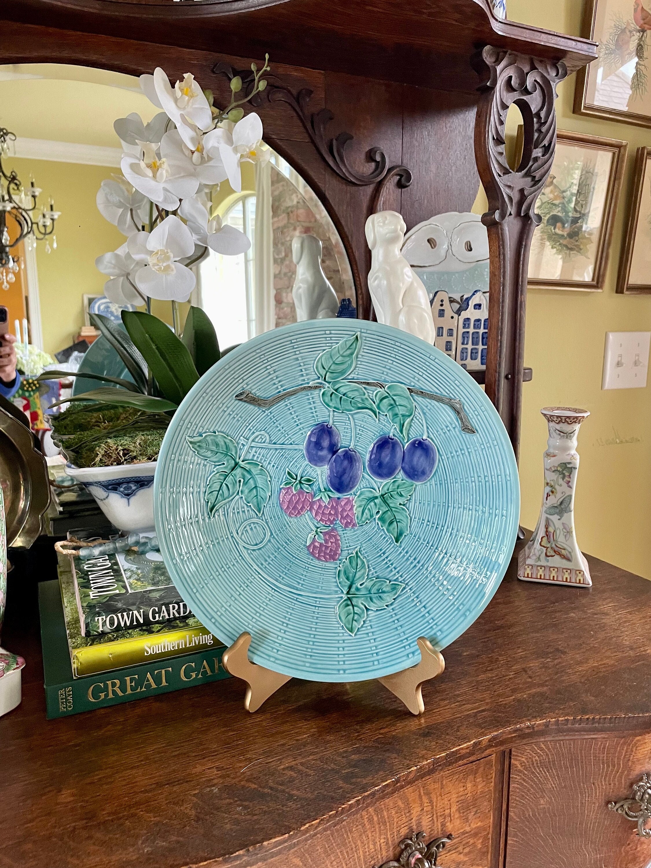 Vintage Zell Majolica Plate: Blue Basket Weave Plums & Berries