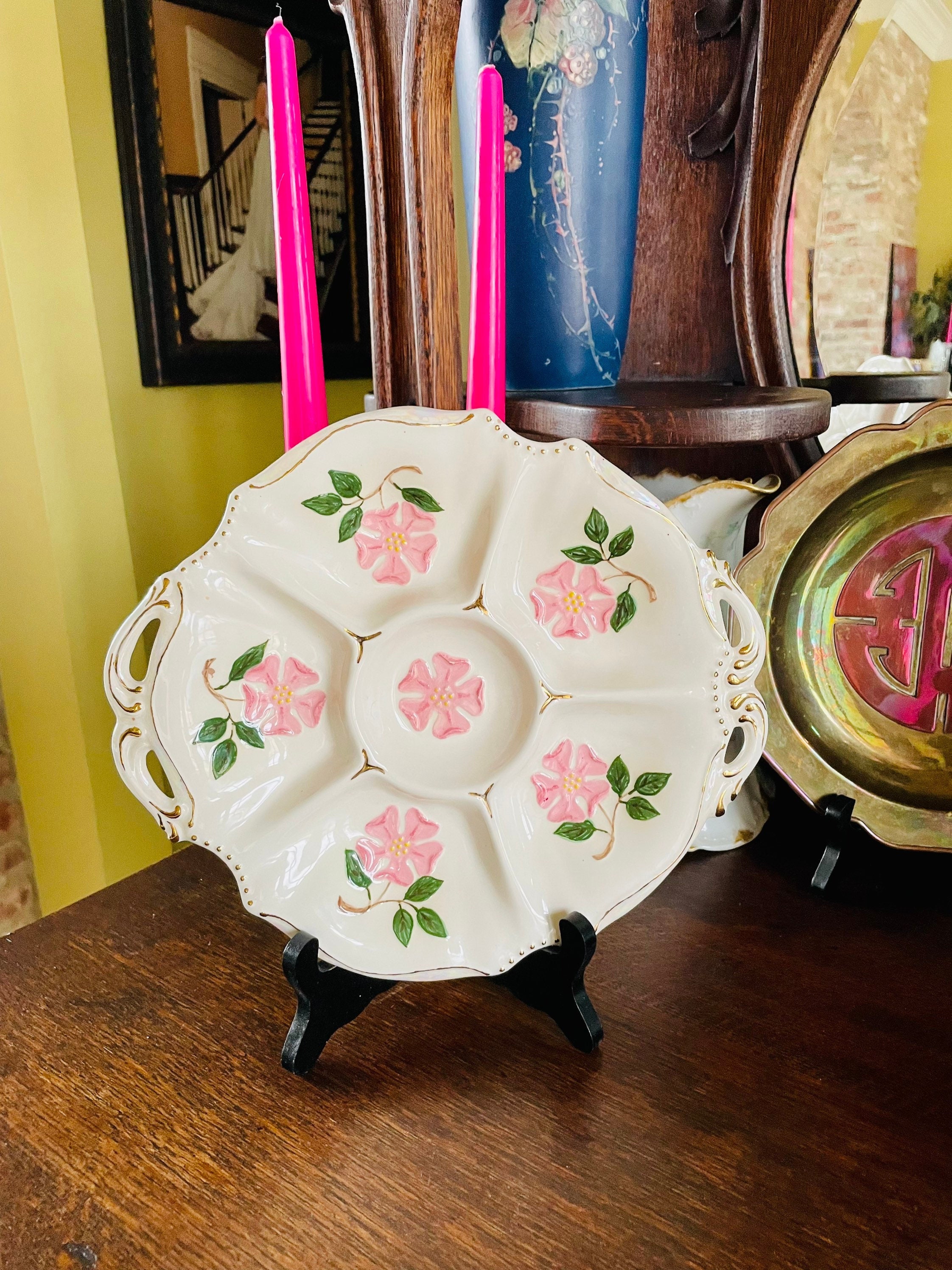 Vintage Majolica Oyster Plate: Pink Dogwood Flowers, Artisan