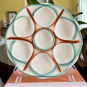 Antique Oyster Plate in French Barbotine Majolica with Starfish Center in the Art Deco Bohemian French Style 9 1/2&quot;
