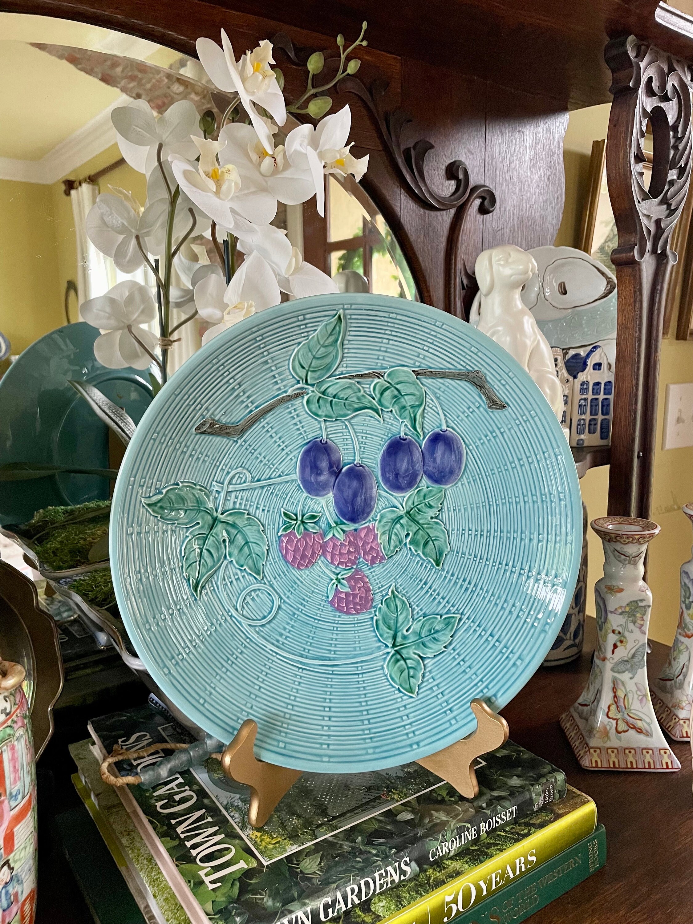 Vintage Zell Majolica Plate: Blue Basket Weave Plums & Berries