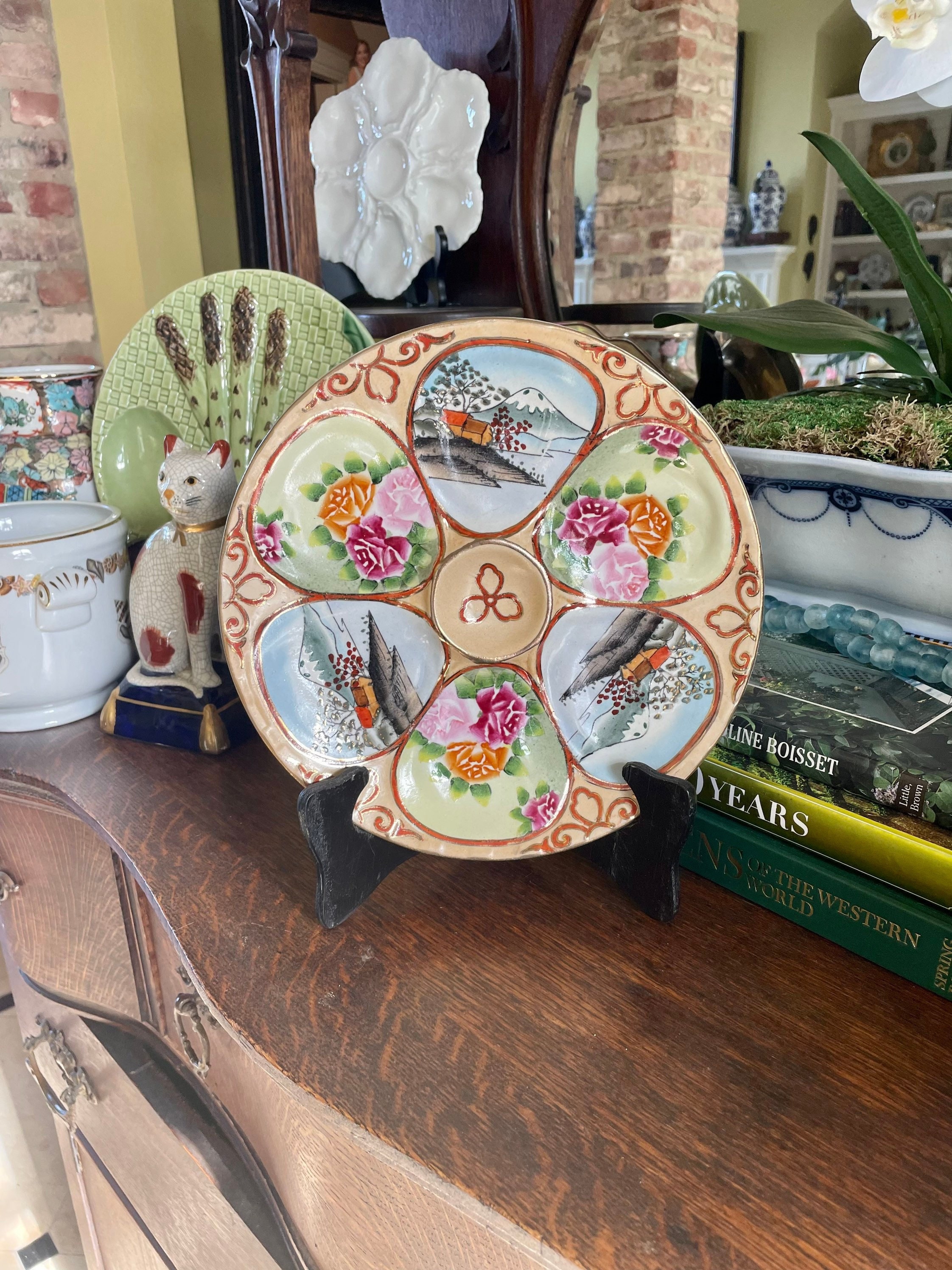 Vintage Nippon Oyster Plate: Hand-Painted Floral Landscape Porcelain