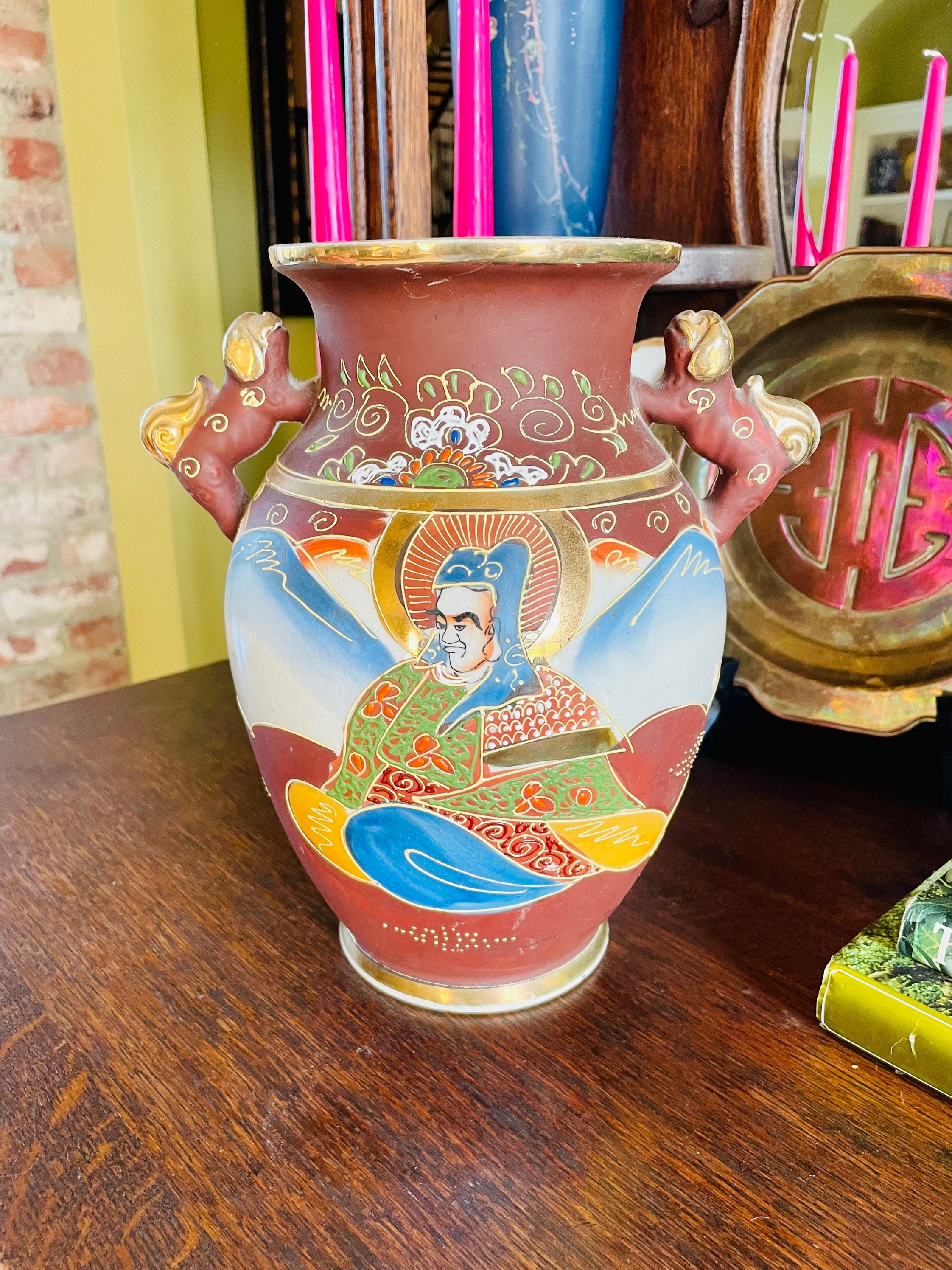 Satsuma Kutani Porcelain Vase With Foo Dog Dragon Handles Etsy
