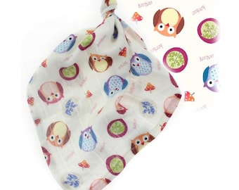 Muslin baby swaddle / Bamboo Swaddle Owls 30x30cm / Small bamboo swaddle / Small baby towel