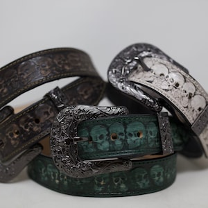 Skull HandTooled Belt, Western Leather Belt, Hand Painted Belt with Removable Buckle