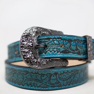 Turquoise HandTooled Oak Leaf Belt, (1.5’’) Western Leather Belt, Hand Painted Belt with Removable Western Buckle