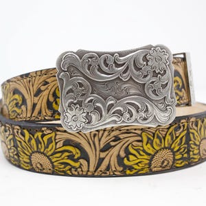 HandTooled Sunflower Belt, (1.5’’) Western Leather Belt, Hand Painted Belt with Removable Western Sunflower Buckle