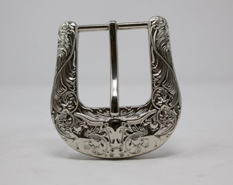 Vintage silver tone western scrollwork engraved belt buckle rope medium 1” Western Antique Silver Flower Engraved Pattern Gold Rope  main image 4