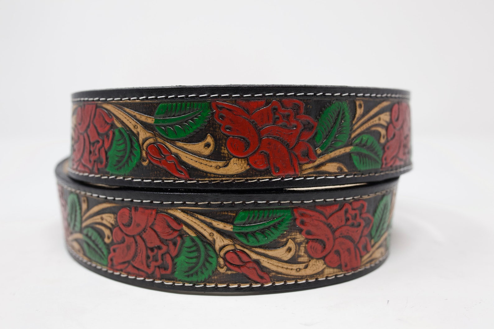 Double Buckle Tooled Hand Painted Leather Belt main image 0
