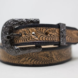 HandTooled Leaf Belt, (1.5’’) Western Leather Belt, Hand Painted Belt with Removable Western Buckle
