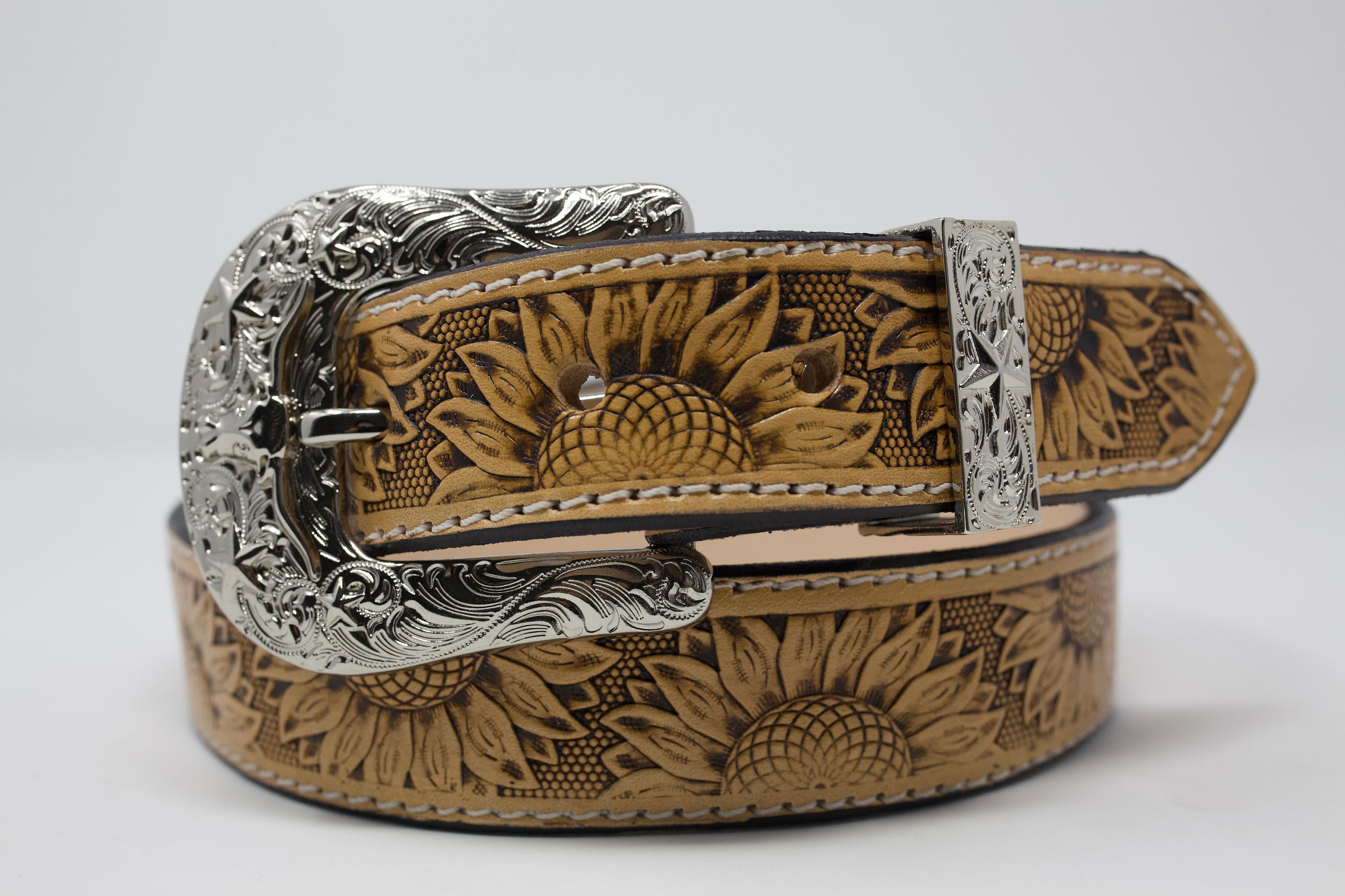 Sunflower Handtooled Belt, Western Leather Belt, Hand  display picture 1