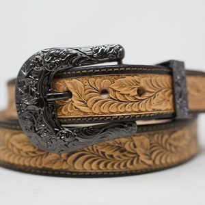 HandTooled Leaf Belt, (1.5’’) Western Leather Belt, Hand Painted Belt with Removable Western Buckle