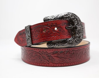 Ceinture rouge travaillée à la main, (1,5 po.) Ceinture en cuir peinte à la main avec boucle western amovible