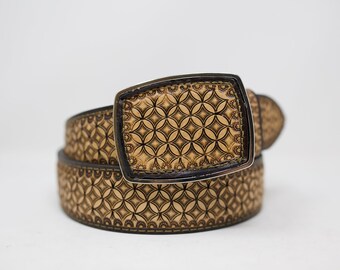 HandTooled Geometric Leather Belt, Western Belt, Hand Painted Belt with Interchangeable Buckle