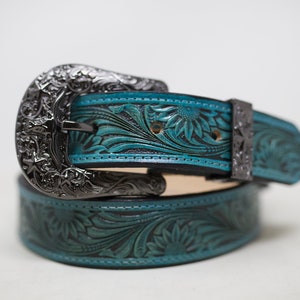 Turquoise HandTooled SunFlower Belt, (1.5’’) Western Leather Belt, Hand Painted Belt with Removable Western Buckle