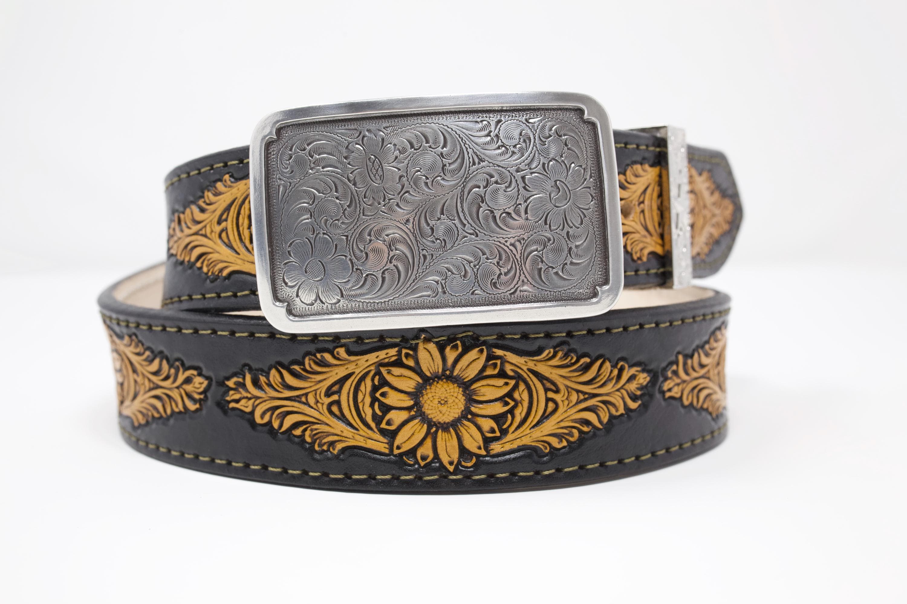 Hand tooled leather sunflower belt Vintage silver buckle Sunflower Buckle with Vintage floral tooled belt – Field Day main image 3