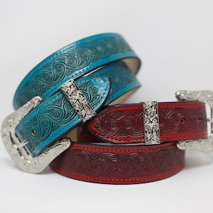 Personalized HandTooled Belt, Western Leather Belt, Hand Painted Belt with Removable Buckle