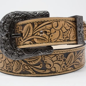 Rose HandTooled Belt, Western Leather Belt, Hand Painted Belt with Removable Western Buckle