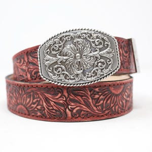 HandTooled Sunflower Belt, (1.5’’) Leather Belt, Hand Painted Belt with Removable Western Buckle