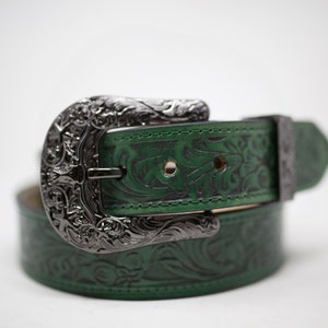 HandTooled Horse Flower Belt, (1.5’’) Western Leather Belt, Hand Painted Belt with Removable Western Buckle