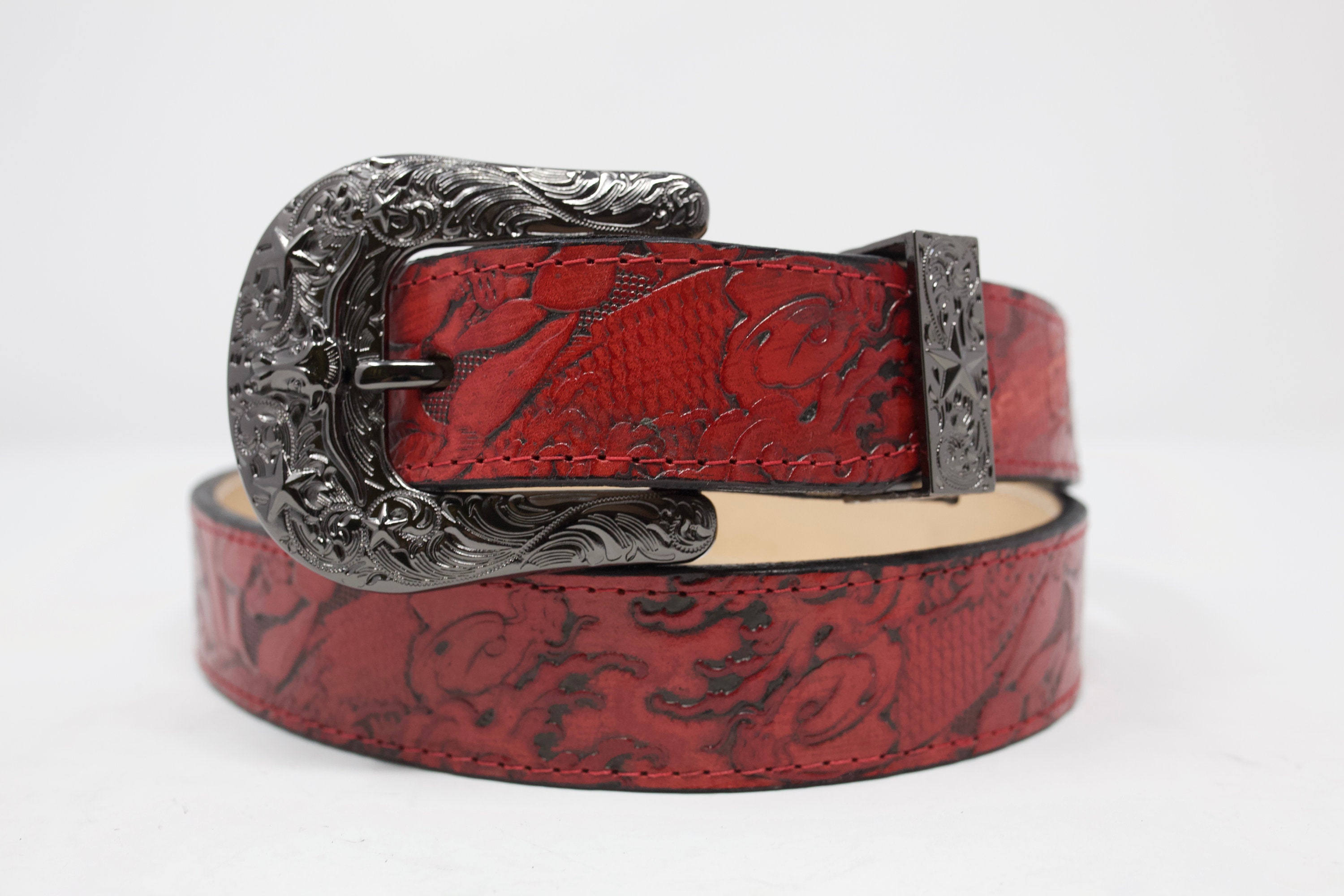Koi Fish Handtooled Belt, Western Leather Belt, Hand Painted  display picture 1