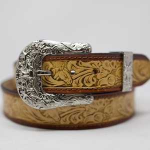 HandTooled Horse Flower Belt, (1.5&#39;&#39;) Western Leather Belt, Hand Painted Belt with Removable Western Buckle