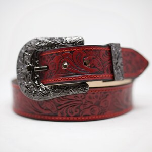 Red HandTooled Horse Flower Belt, (1.5&#39;&#39;) Western Leather Belt, Hand Painted Belt with Removable Western Buckle