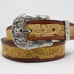 Eagle HandTooled Belt, (1.5&#39;&#39;) Hand Painted Leather Belt with Removable Western Buckle