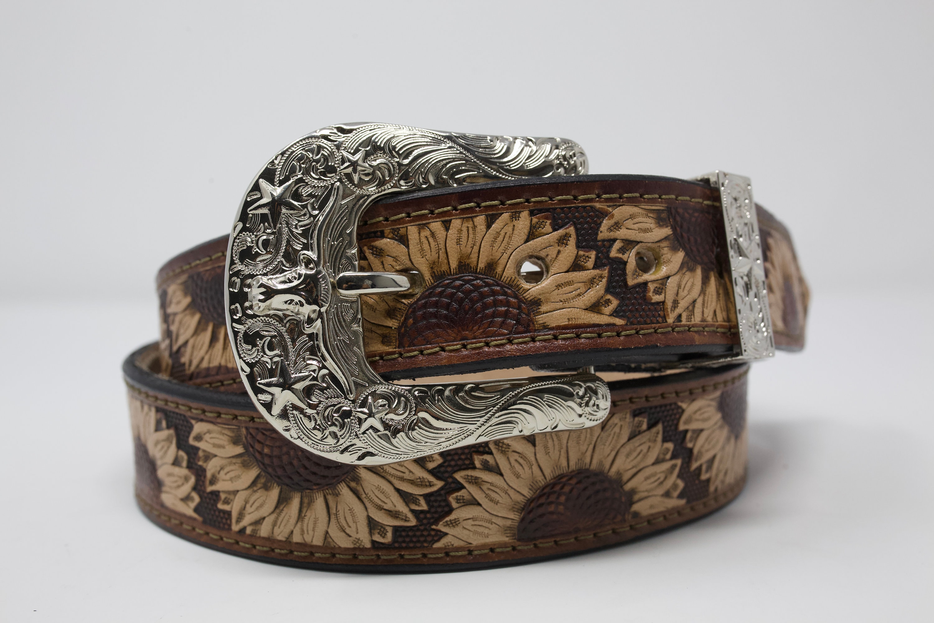 Hand Tooled Leather Belt - Multicolor Sunflowers & Red Heart on Gray Base Tooled leather sunflower belt- size 32 – Teal Ranch Leather main image 4