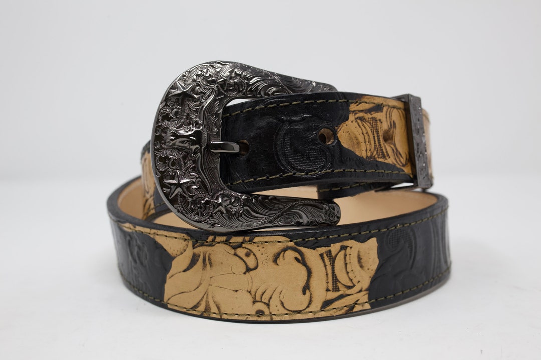 Double Buckle Tooled Hand Painted Leather Belt main image 1