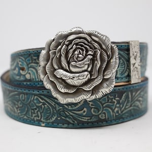 HandTooled Rose Belt, (1.5&#39;&#39;) Hand Painted Belt With Removable Western Rose Buckle