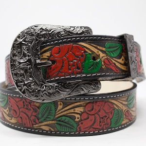 HandTooled Rose Belt, Western Leather Belt, Hand Painted Belt with Removable Buckle