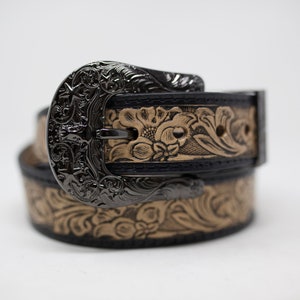 HandTooled Horse Flower Belt, (1.5&#39;&#39;) Western Leather Belt, Hand Painted Belt with Removable Western Buckle