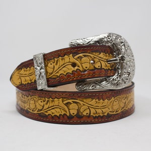 Oak Leaf Belt, HandTooled Belt, (1.5&#39;&#39;) Hand Painted Leather Belt with Removable Western Buckle