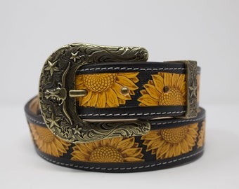 Cinturón de cuero estilo occidental SunFlower (1,5"), hecho a mano, pintado a mano con hebilla occidental extraíble.